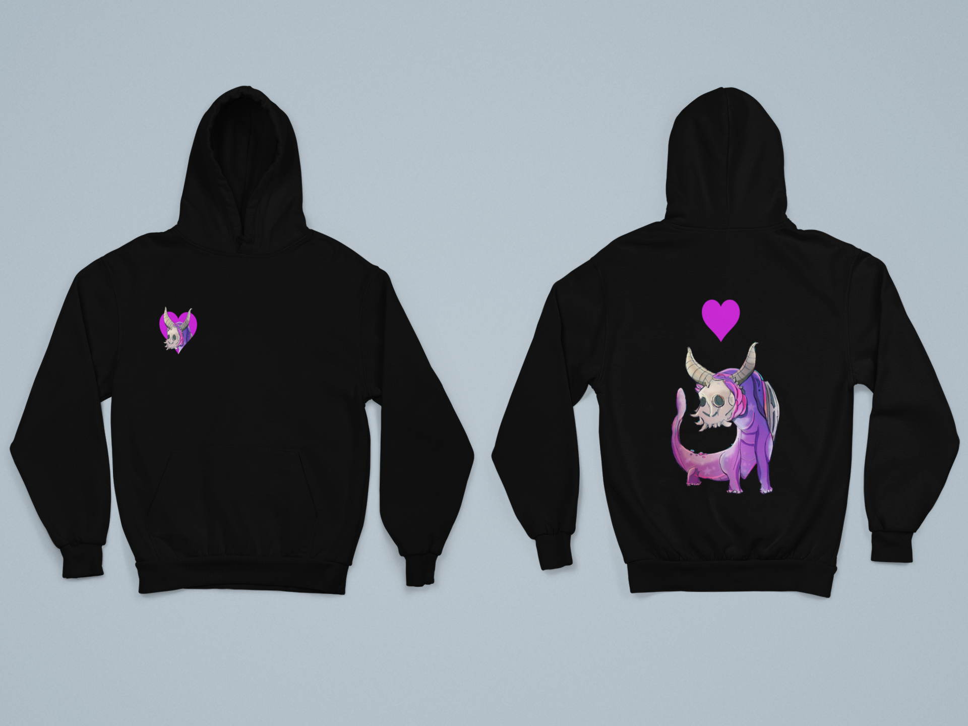 A image showing the front and back of the two designs used on the hoodie,black hoodie. On front a pocket sized graphic of  a horned creature sticking its head through the heart.On back A purple horned salamander type creature heart above creatures head 