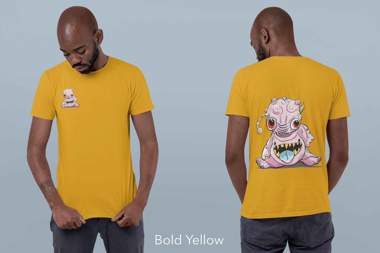 front and back shot of a dark skinned man in a bright golden shirt. With a pink bublegum looking alien creature on the front and back of the shirt The creature full back shirt display and small "pocket" display on the front