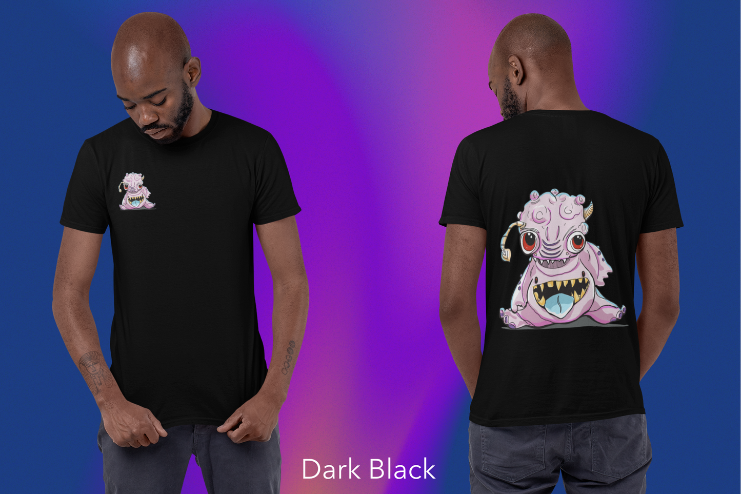 front and back shot of a dark skinned man in a black shirt. With a pink bublegum looking alien creature on the front and back of the shirt The creature full back shirt display and small "pocket" display on the front