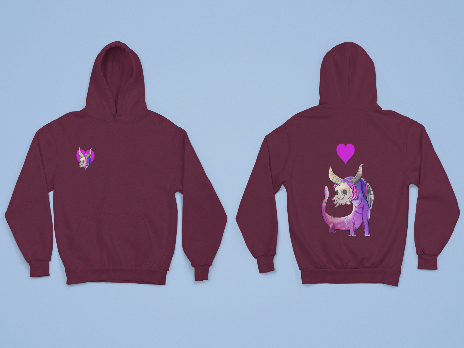 A image showing the front and back of the two designs used on the hoodie,Maroon hoodie. On front a pocket sized graphic of  a horned creature sticking its head through the heart.On back A purple horned salamander type creature heart above creatures head 
