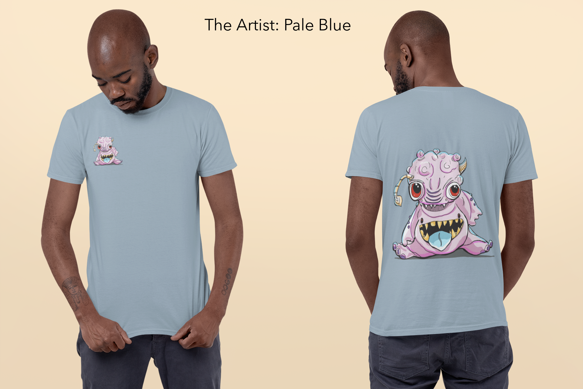 front and back shot of a dark skinned man in a pale blue shirt. With a pink bublegum looking alien creature on the front and back of the shirt The creature full back shirt display and small "pocket" display on the front