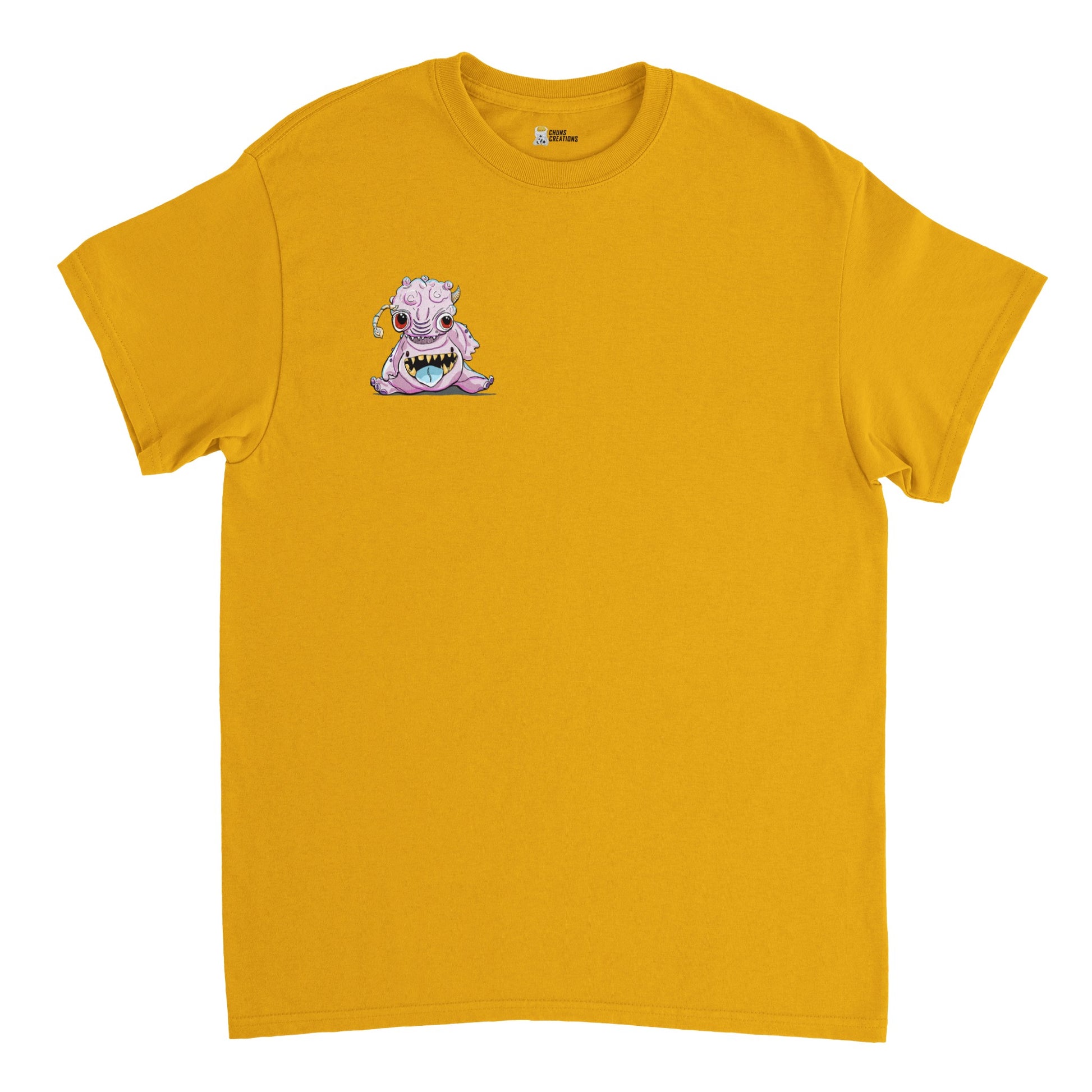 Yellow shirt. With a pink bublegum looking alien creature on the front of the shirt small "pocket sized" display on the front left