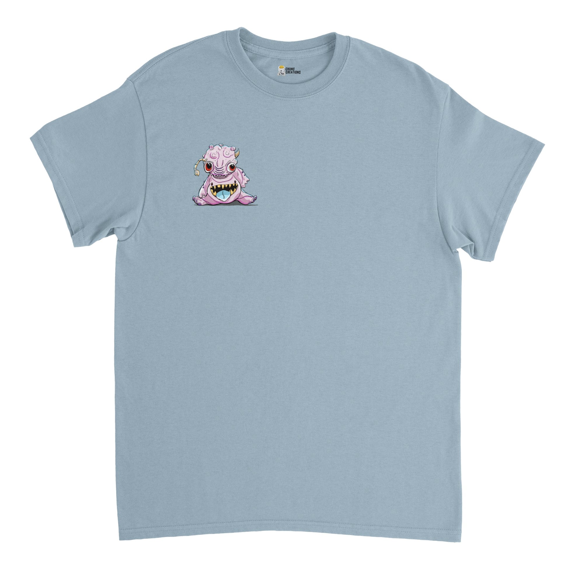 Pale blue shirt. With a pink bublegum looking alien creature on the front of the shirt small "pocket sized" display on the front left