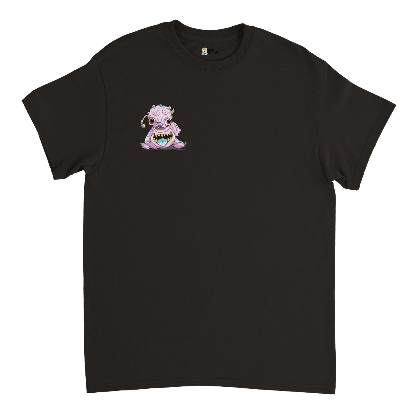 Black shirt. With a pink bublegum looking alien creature on the front of the shirt small "pocket sized" display on the front left